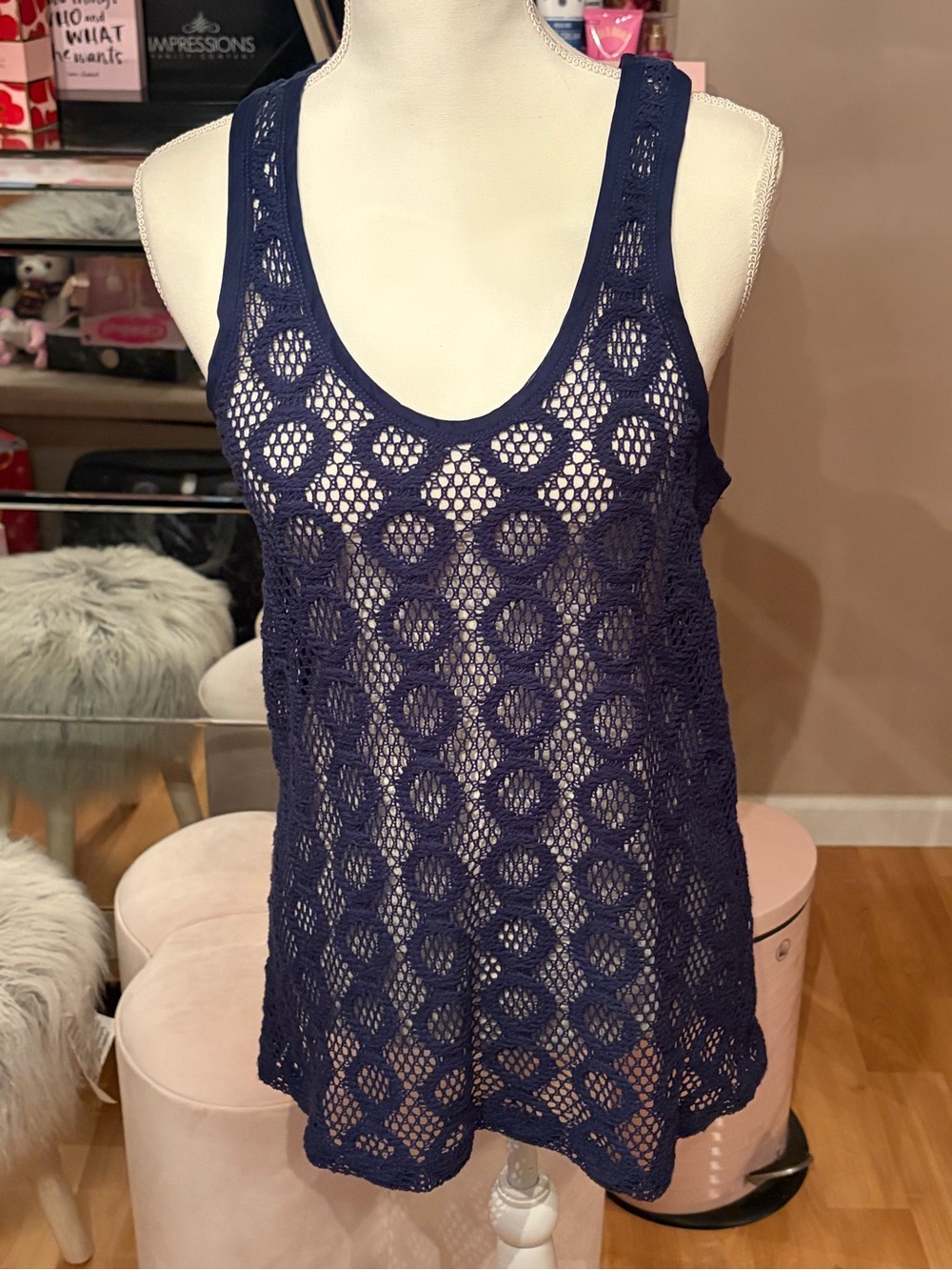 NWT Banana Republic Navy Cotton Crochet Tunic Tank Cotton Blend Size S